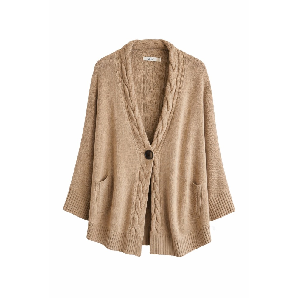 UGG‎ Cable Knit Cotton Cardigan Sweater Tan XS S Pockets Open Front